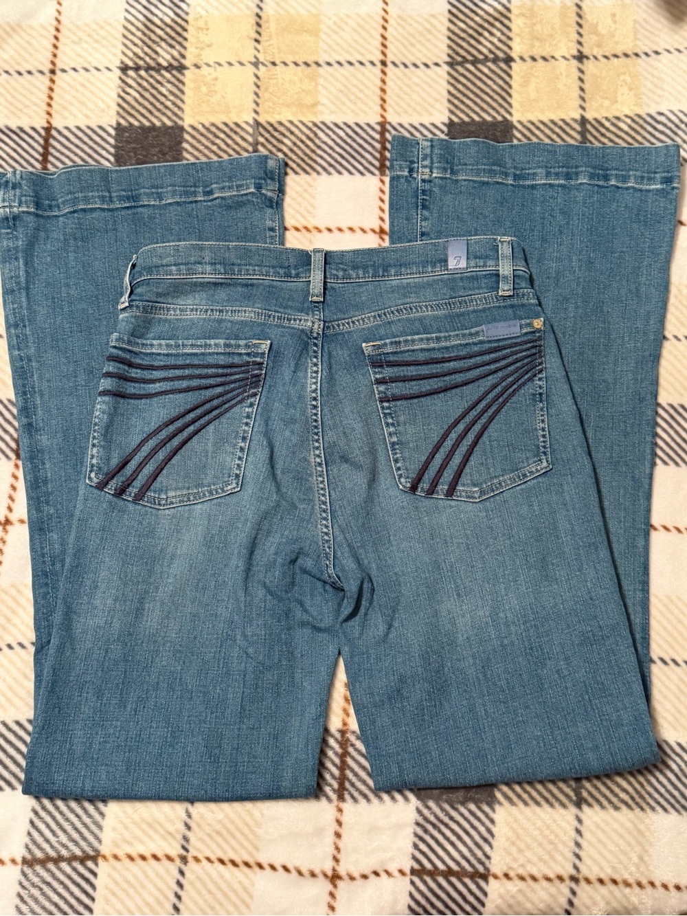 7 For All Mankind Medium Blue Flare Jeans with Navy Embroidered Back Pockets
